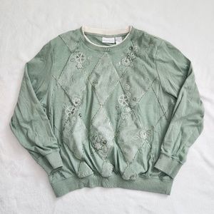 Vintage 90s Green Embroidered Sweatshirt Grandma Argyle Floral Alfred Dunner‎ XL